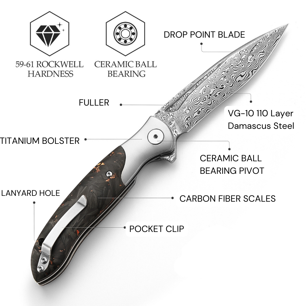 Damascus Pocket Knife - Raven VG10 Ultralight Folding Pocket Knife with Titanium & Carbon Fiber Handle - Shokunin USA