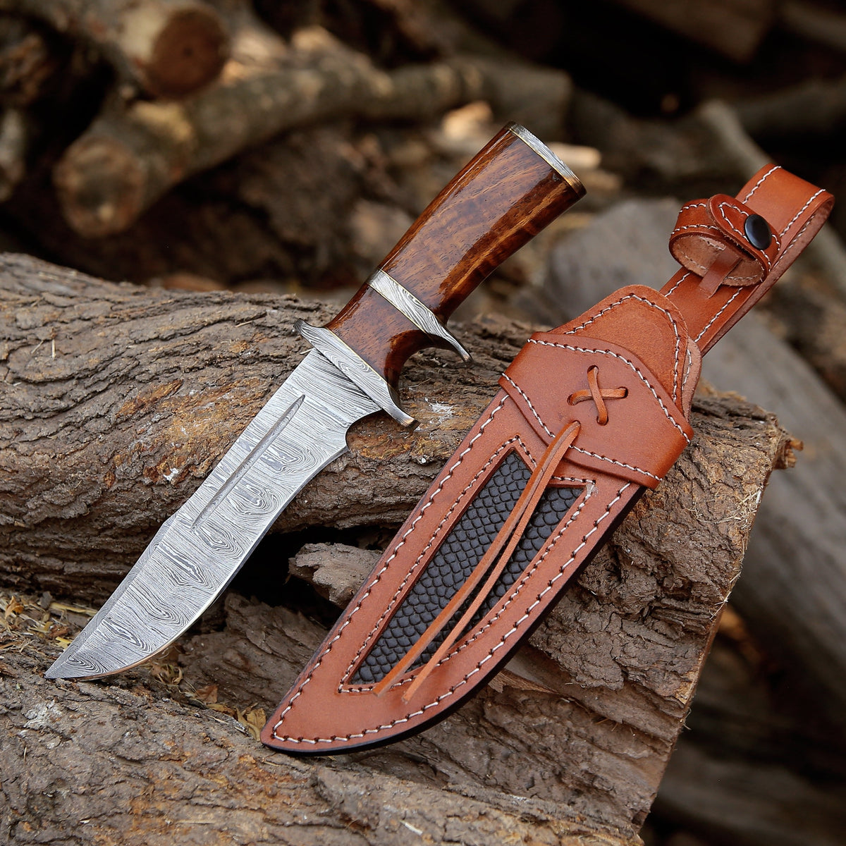 Raider Damascus Steel Bowie Knife with Exotic Rose Wood Handle & Sheath - Shokunin USA