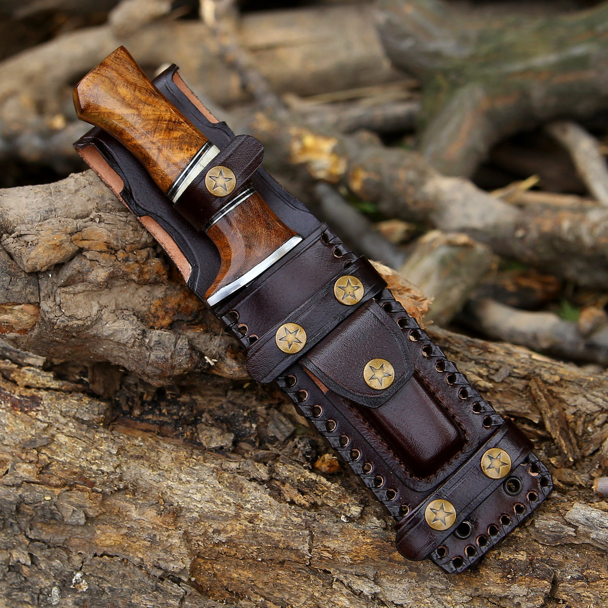 outdoor survival knife - Annihilator Custom Feather Damascus Hunting Knife with Exotic Rose Wood Handle - Shokunin USA
