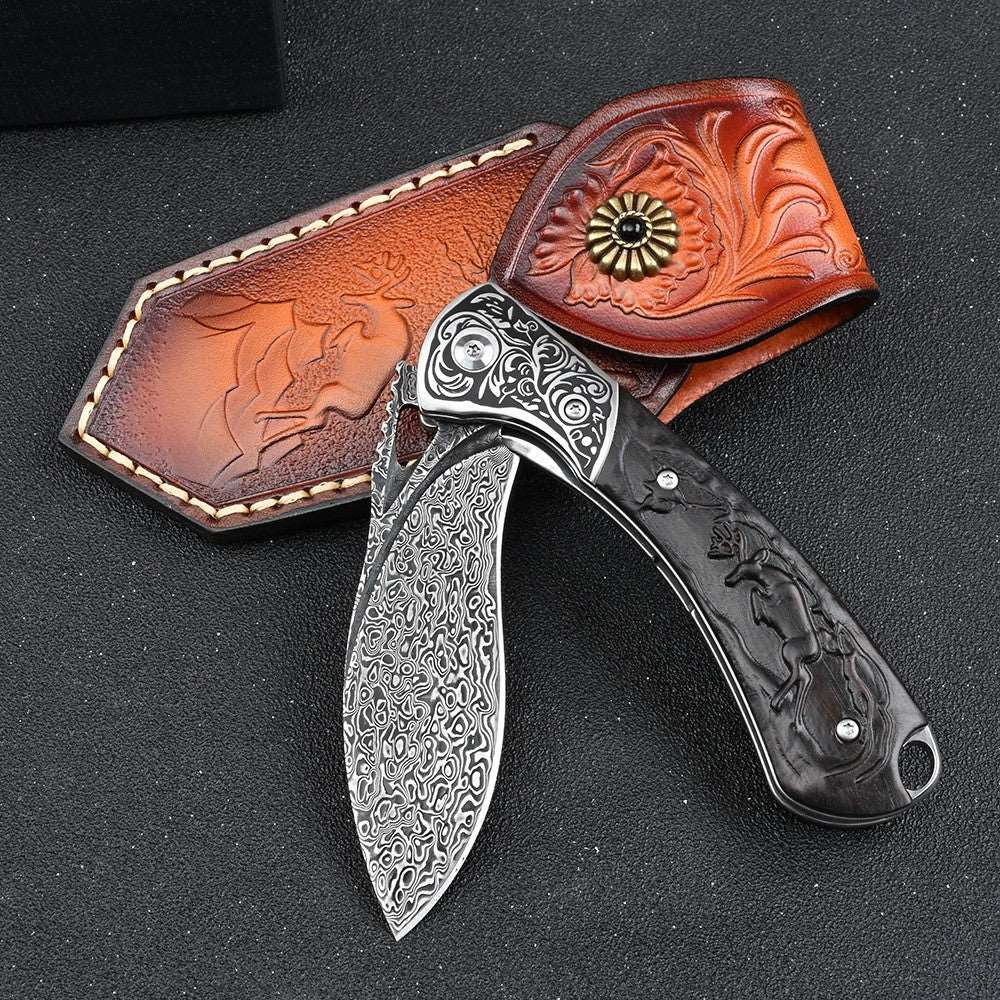Athena VG10 Handmade Damascus Pocket Knife with Clip & Exotic Ebony Wood Handle - Shokunin USA