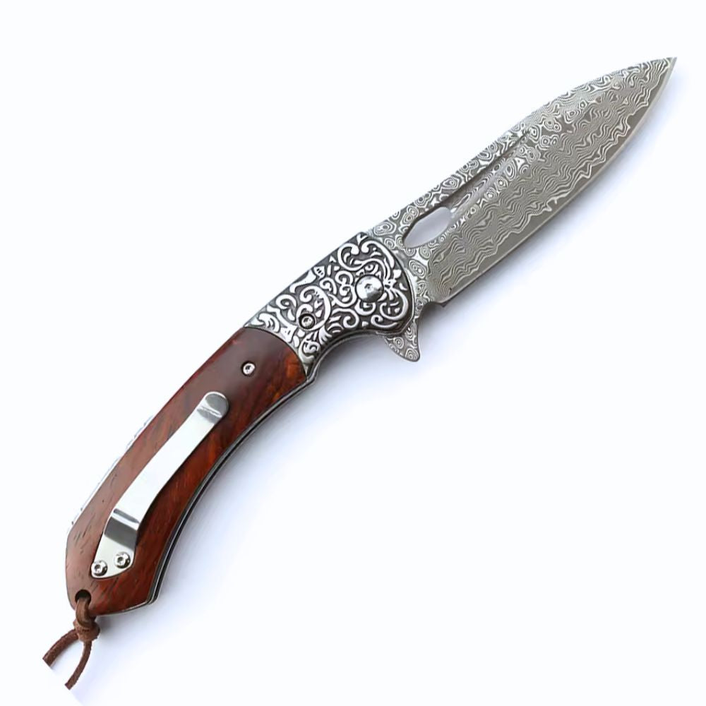 edc knife - Karma Japanese VG10 Damascus EDC Pocket Knife with Clip & Sandalwood Handle - Shokunin USA