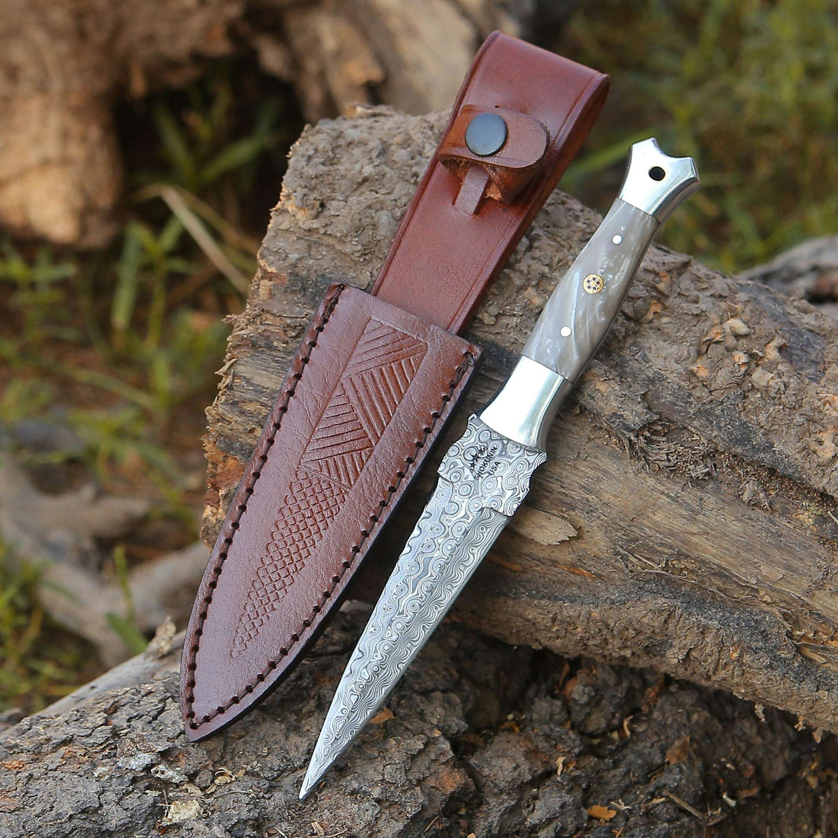 Prowler Damascus Fixed Blade Knife with Mother of Pearl Resin Handle - Shokunin USA