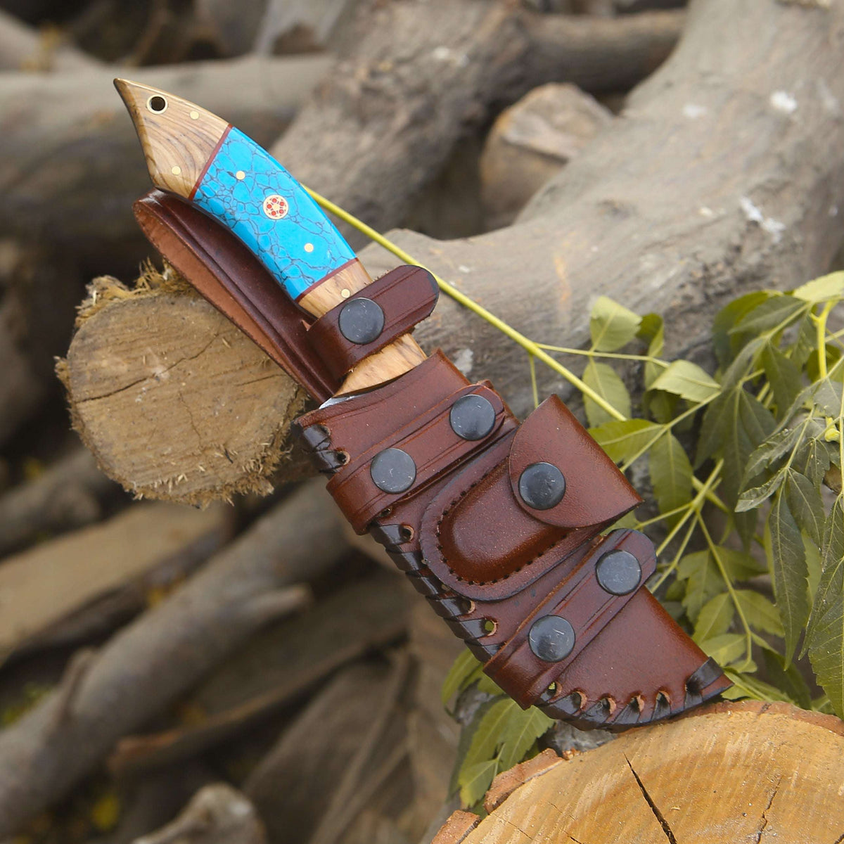 Damascus Knife - Flo Damascus Hunting Knife with Exotic Olive Wood & Turquoise Handle - Shokunin USA