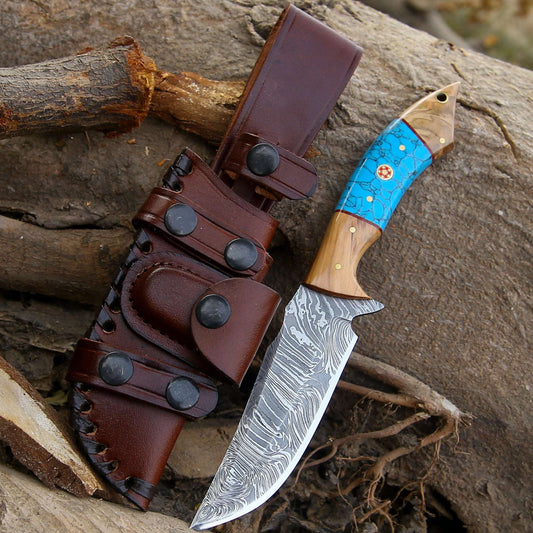 Damascus Knife - Flo Damascus Hunting Knife with Exotic Olive Wood & Turquoise Handle - Shokunin USA