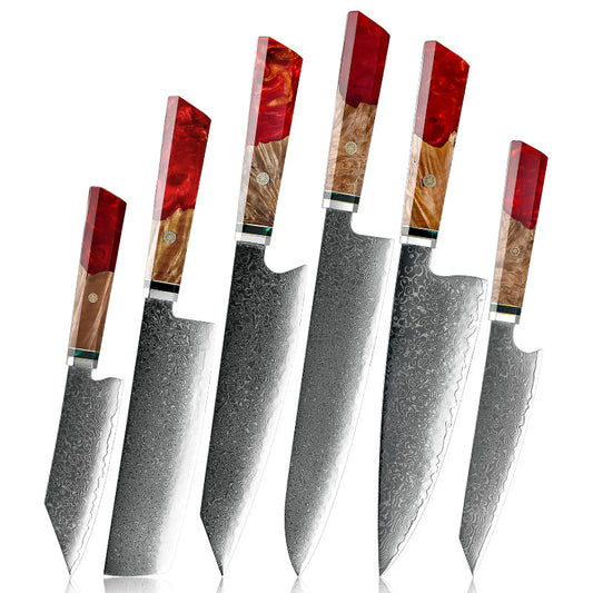 kitchen knife set - Fury Knife Set 6 Piece VG10 Damascus Steel with Exotic Maple Burl Wood & Resin Handle - Shokunin USA