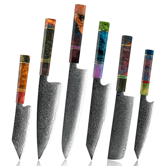 kitchen knife set - Spectrum Knife Set 6 Piece VG10 Damascus Steel with Exotic tie-dye-Stained Olive Burl Wood Handle - Shokunin USA
