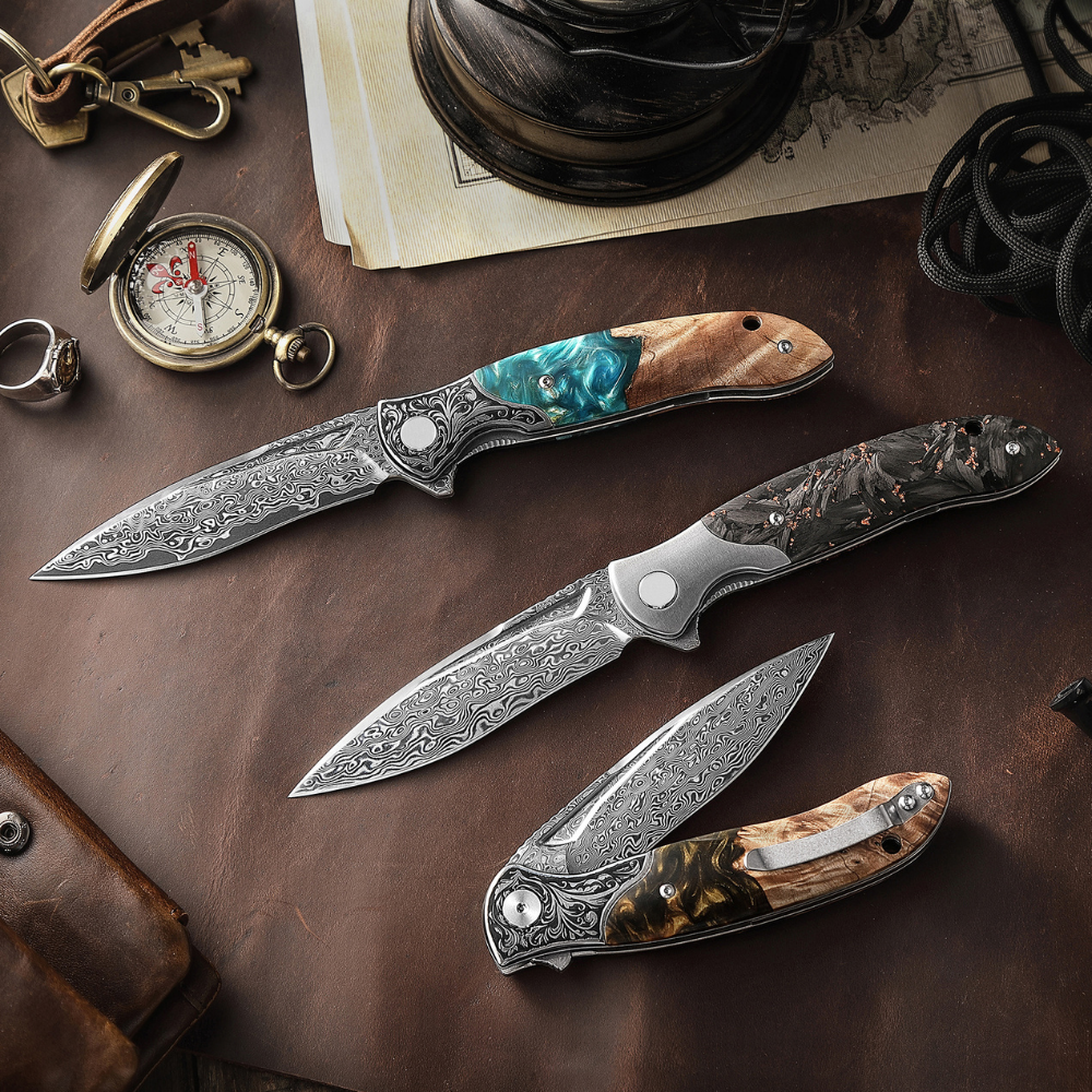 handmade pocket knife - Helios Japanese Damascus Pocket Knife VG-10 with Exotic Stabilized Olive Burl Wood Handle - Shokunin USA