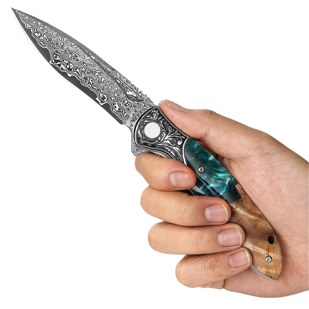folding pocket knife - Helios Japanese Damascus Pocket Knife VG-10 with Exotic Stabilized Olive Burl Wood Handle - Shokunin USA