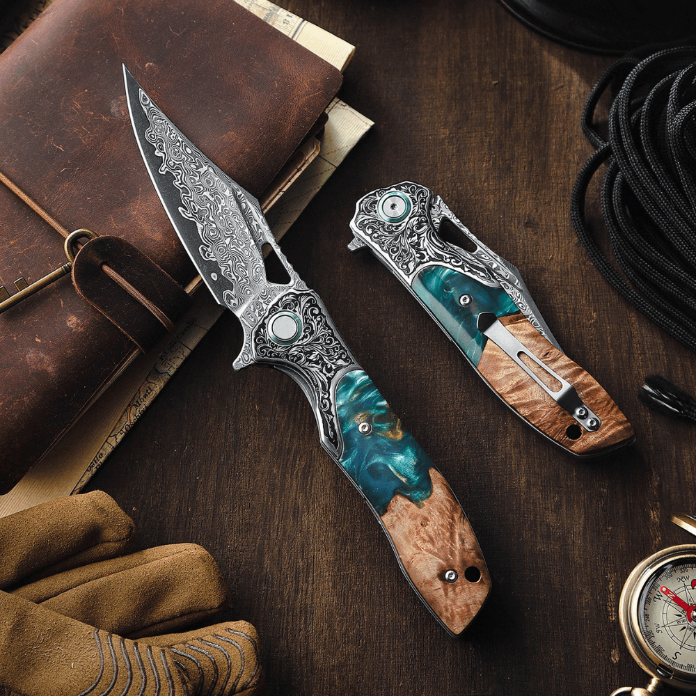 Pocket Knife - Ares VG10 Damascus Pocket Knife with Olive Burl Wood & Resin Handle - Shokunin USA