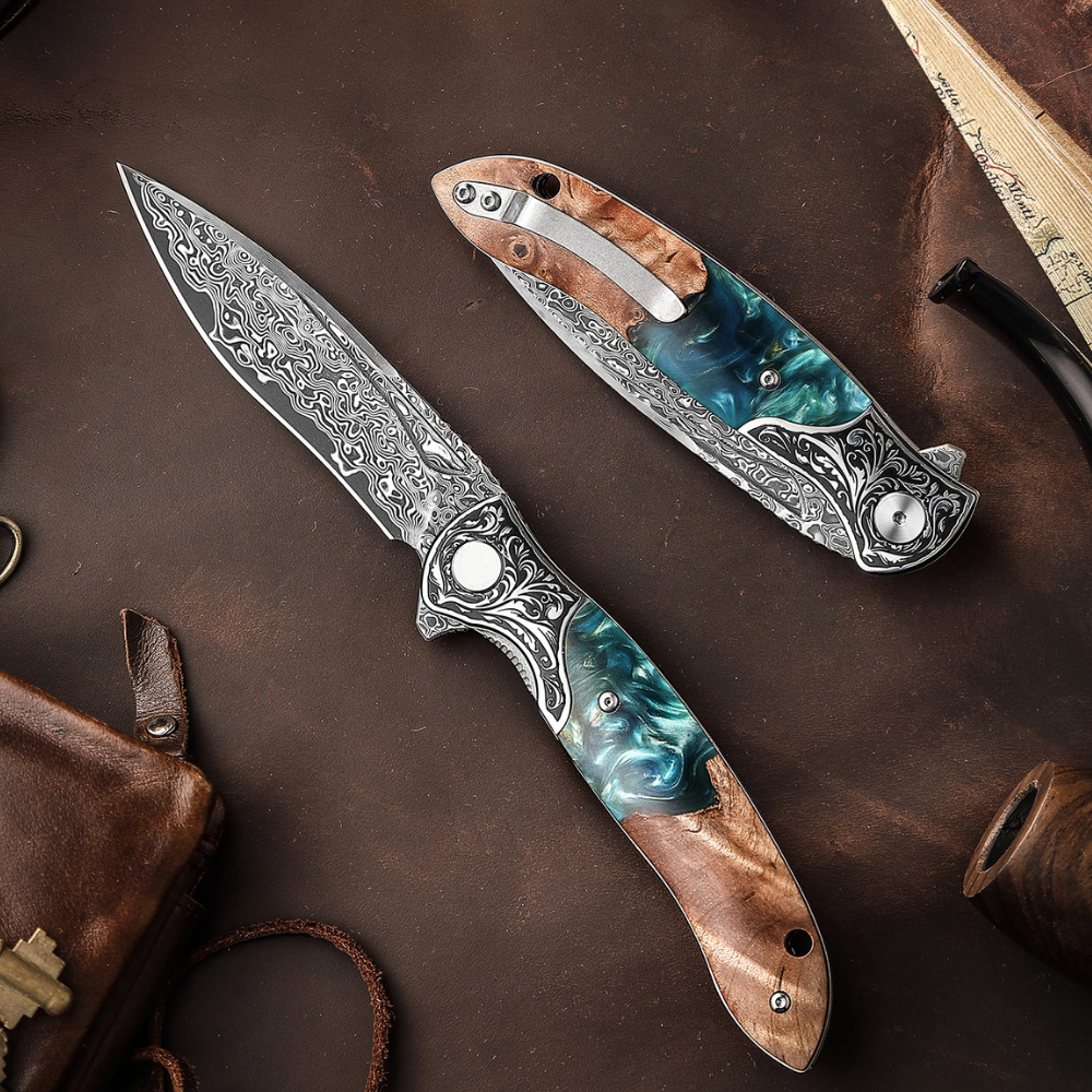 folding knife - Helios Japanese Damascus Pocket Knife VG-10 with Exotic Stabilized Olive Burl Wood Handle - Shokunin USA