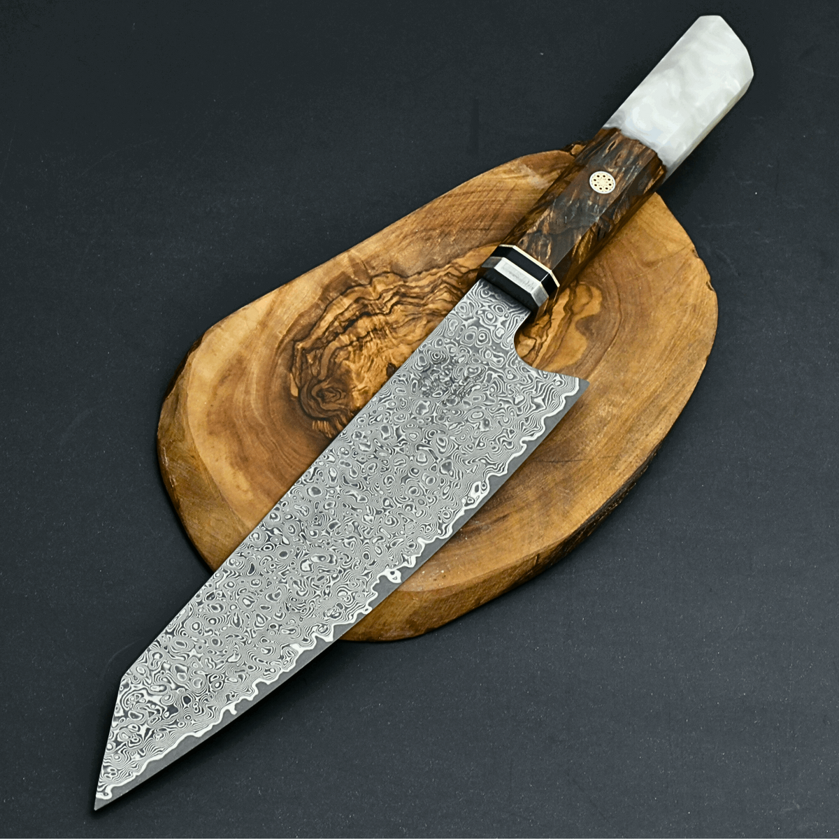 Chef Knife - Aurora Japanese Chef Knife with Exotic Olive Burl Wood & Mother of Pearl Handle - Shokunin USA