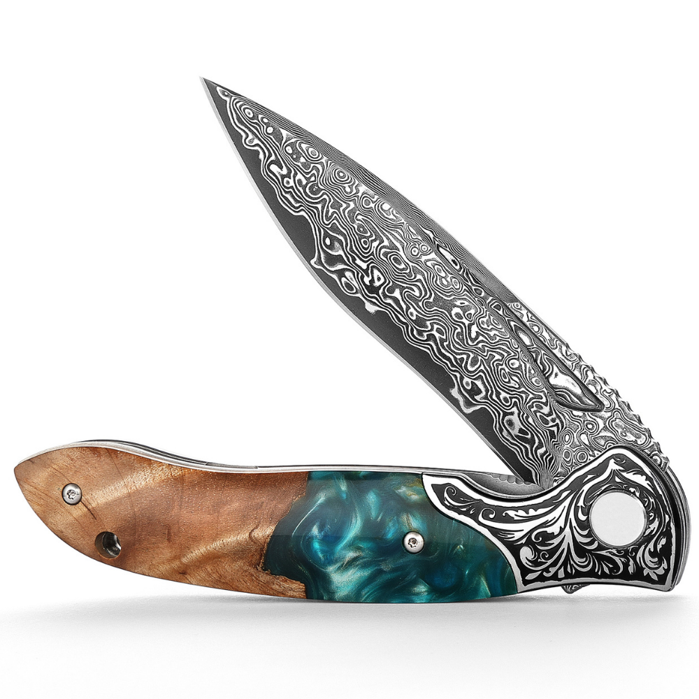 pocket folding knife - Helios Japanese Damascus Pocket Knife VG-10 with Exotic Stabilized Olive Burl Wood Handle - Shokunin USA