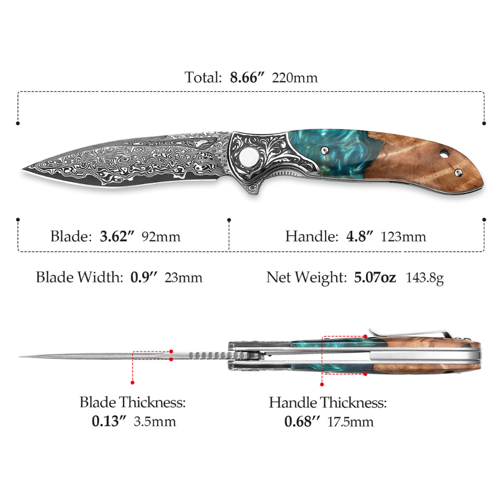 edc knife - Helios Japanese Damascus Pocket Knife VG-10 with Exotic Stabilized Olive Burl Wood Handle - Shokunin USA
