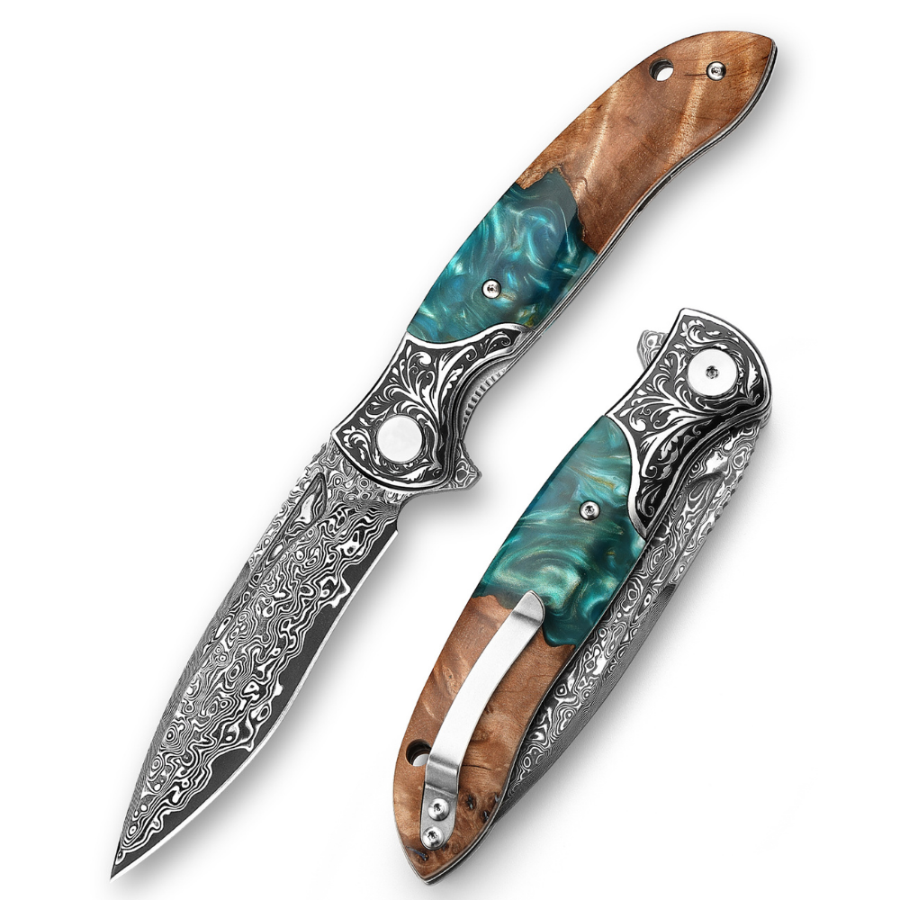 pocket knife - Helios Japanese Damascus Pocket Knife VG-10 with Exotic Stabilized Olive Burl Wood Handle - Shokunin USA