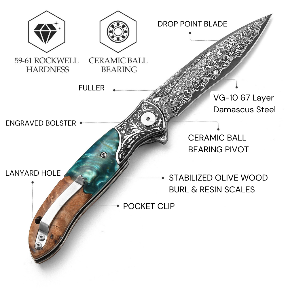 everyday carry knife - Helios Japanese Damascus Pocket Knife VG-10 with Exotic Stabilized Olive Burl Wood Handle - Shokunin USA