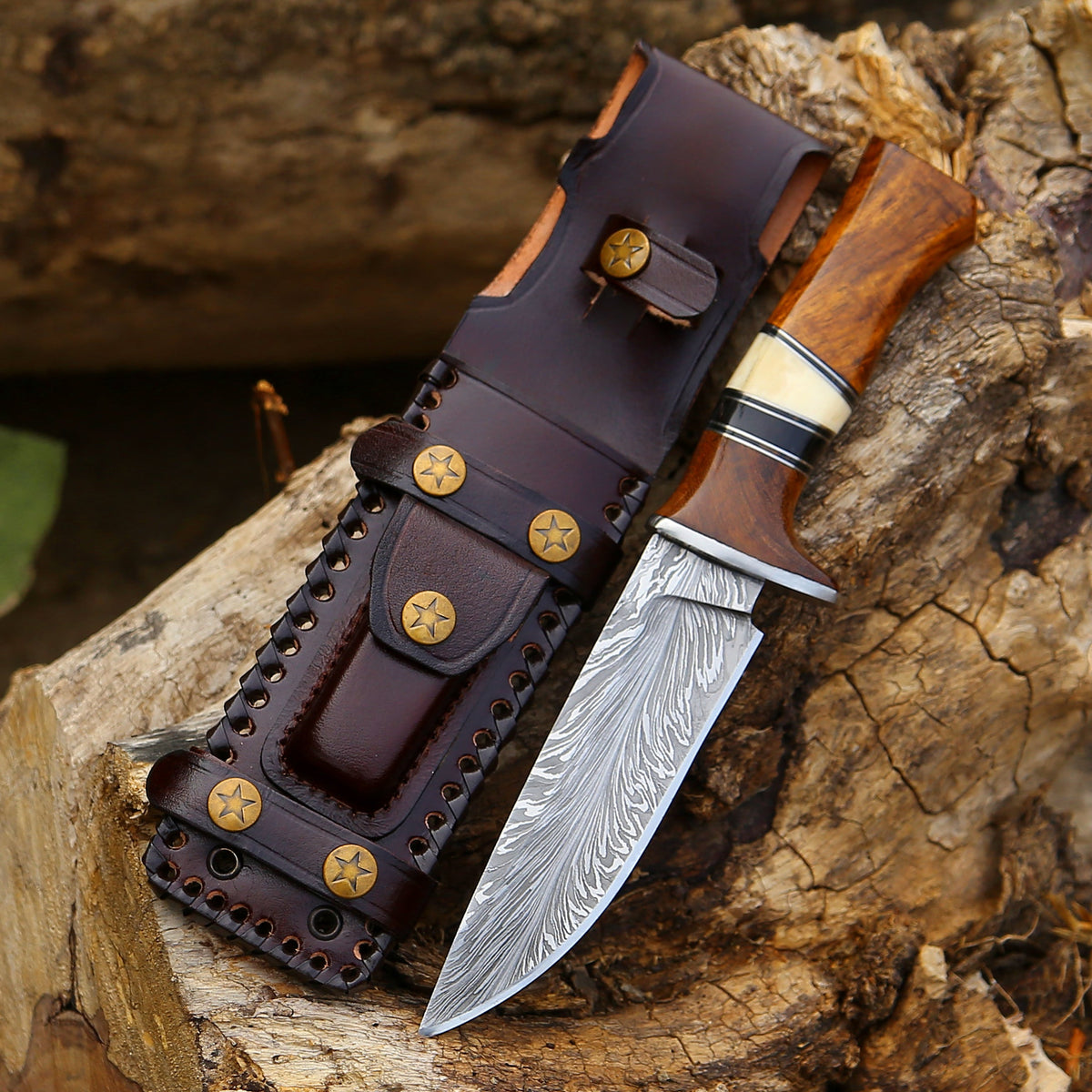 Custom Hunting Knife - Annihilator Custom Feather Damascus Hunting Knife with Exotic Rose Wood Handle - Shokunin USA