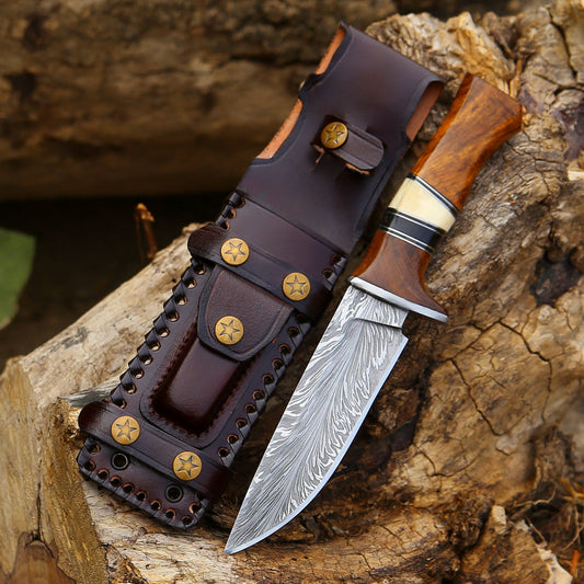 Custom Hunting Knife - Annihilator Custom Feather Damascus Hunting Knife with Exotic Rose Wood Handle - Shokunin USA