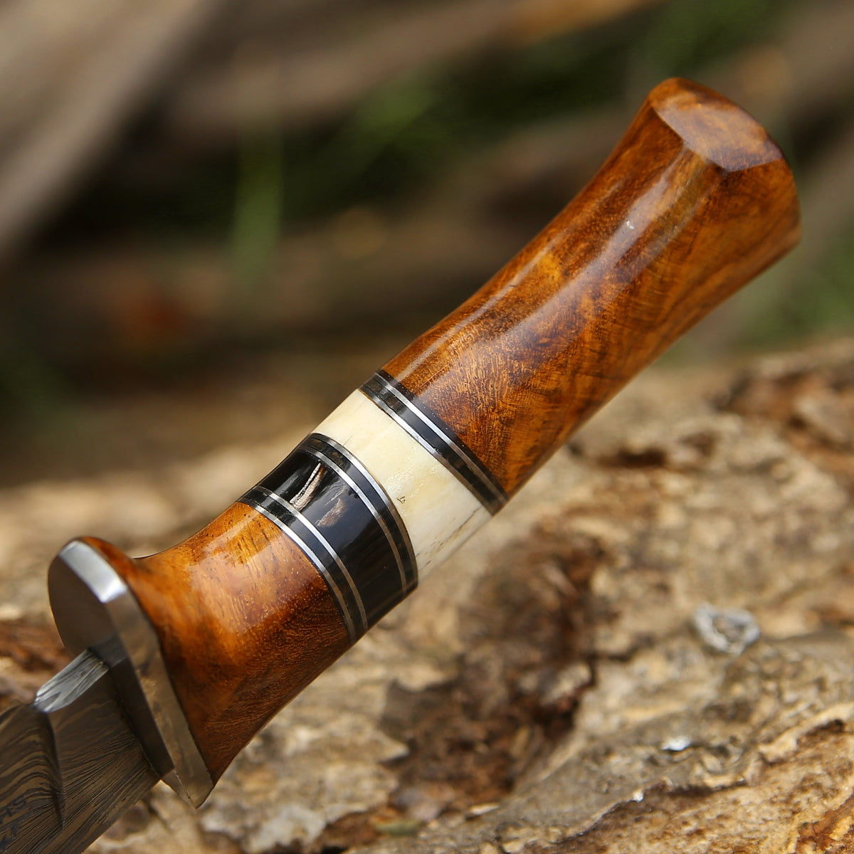 outdoor knife - Annihilator Custom Feather Damascus Hunting Knife with Exotic Rose Wood Handle - Shokunin USA