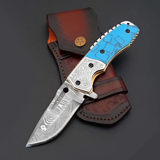Reckoner Damascus Folding Knife with Turquoise Resin Handle - Shokunin USA