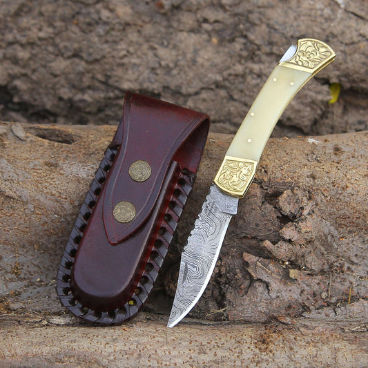 Stormedge Handmade Damascus EDC Pocket Knife with Leather Sheath & Bone Handle - Shokunin USA
