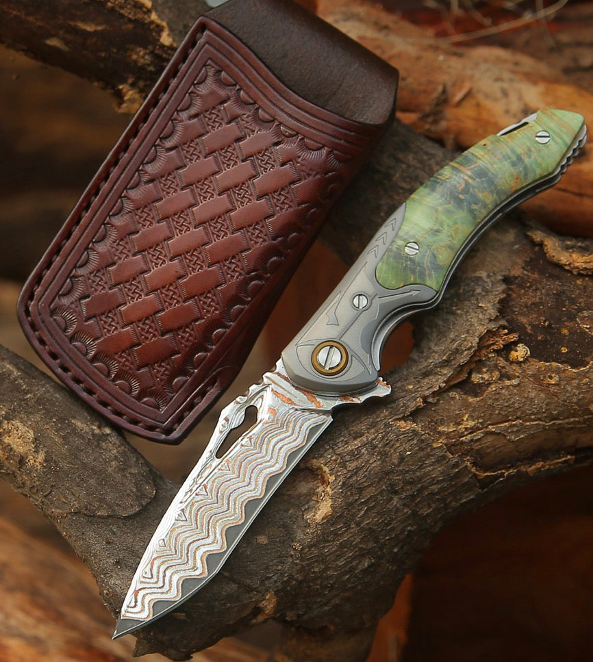 custom leather sheath - Kage Gentleman's Japanese Copper Damascus Pocket Knife with Maple Burl Wood Handle and Sheath - Shokunin USA