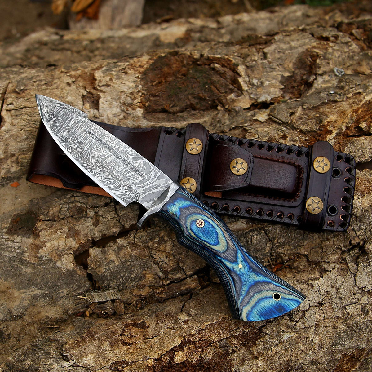 Damascus Knife - Hellcat Handmade Damascus Hunting Knife with Hardwood Handle & Leather Sheath - Shokunin USA