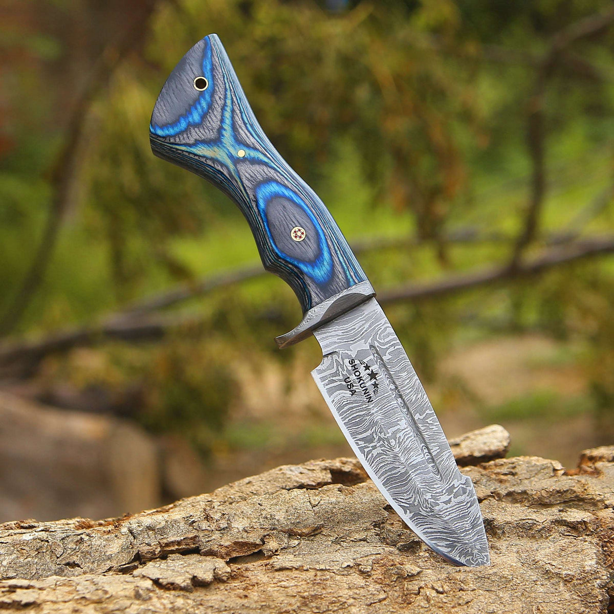 Damascus Knife - Hellcat Handmade Damascus Hunting Knife with Hardwood Handle & Leather Sheath - Shokunin USA