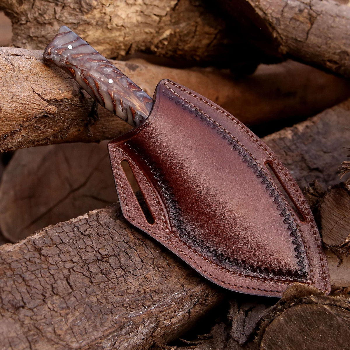 Damascus Knife - Golden Reaper Damascus Steel Fixed Blade Hunting Knife with Pine Cone handle & Leather Sheath - Shokunin USA
