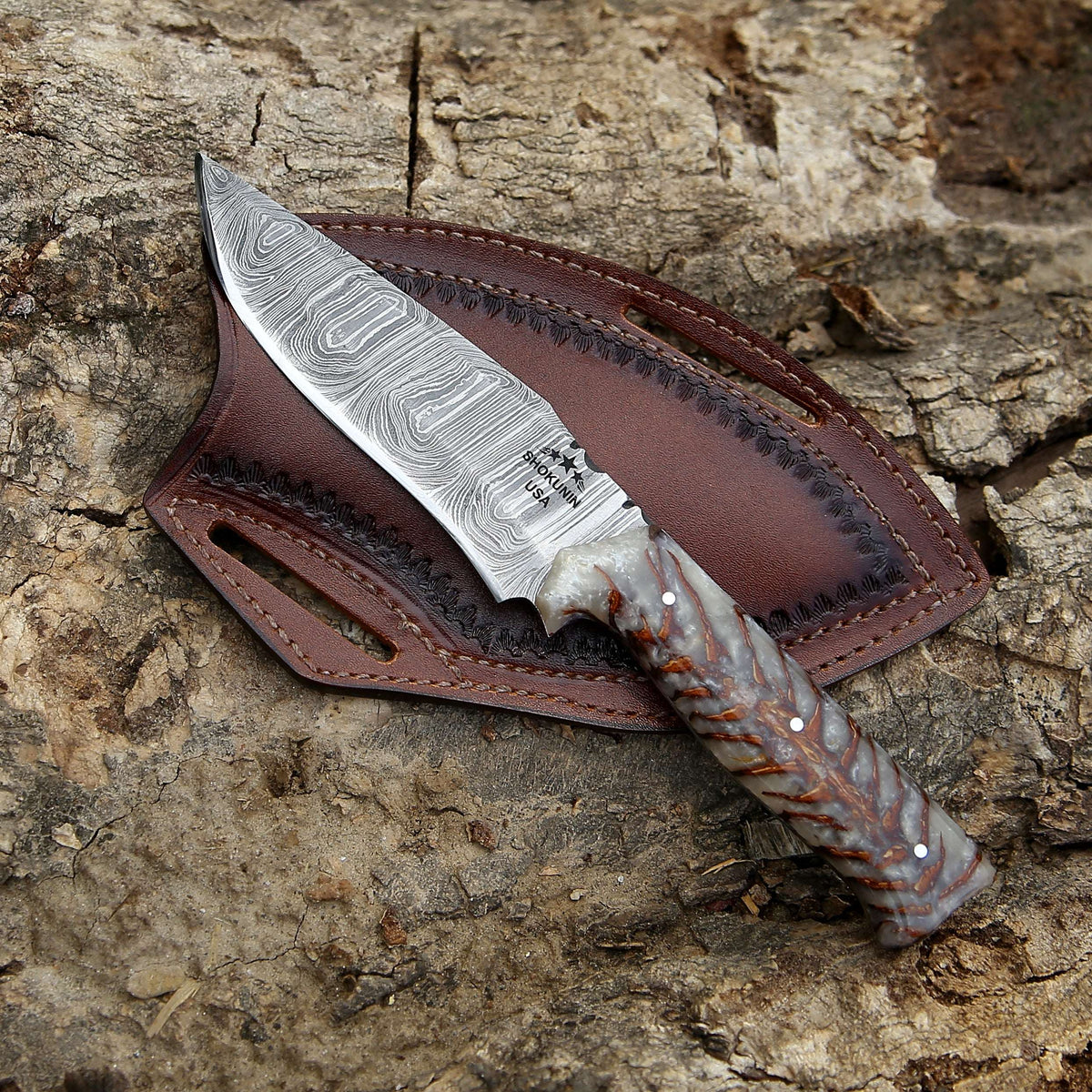 Damascus Knife - Golden Reaper Damascus Steel Fixed Blade Hunting Knife with Pine Cone handle & Leather Sheath - Shokunin USA
