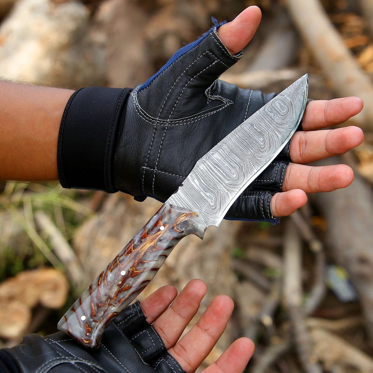Damascus Knife - Golden Reaper Damascus Steel Fixed Blade Hunting Knife with Pine Cone handle & Leather Sheath - Shokunin USA