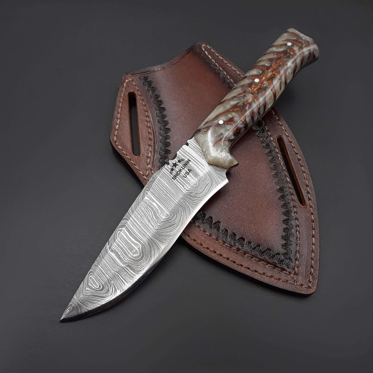 Damascus Knife - Golden Reaper Damascus Steel Fixed Blade Hunting Knife with Pine Cone handle & Leather Sheath - Shokunin USA