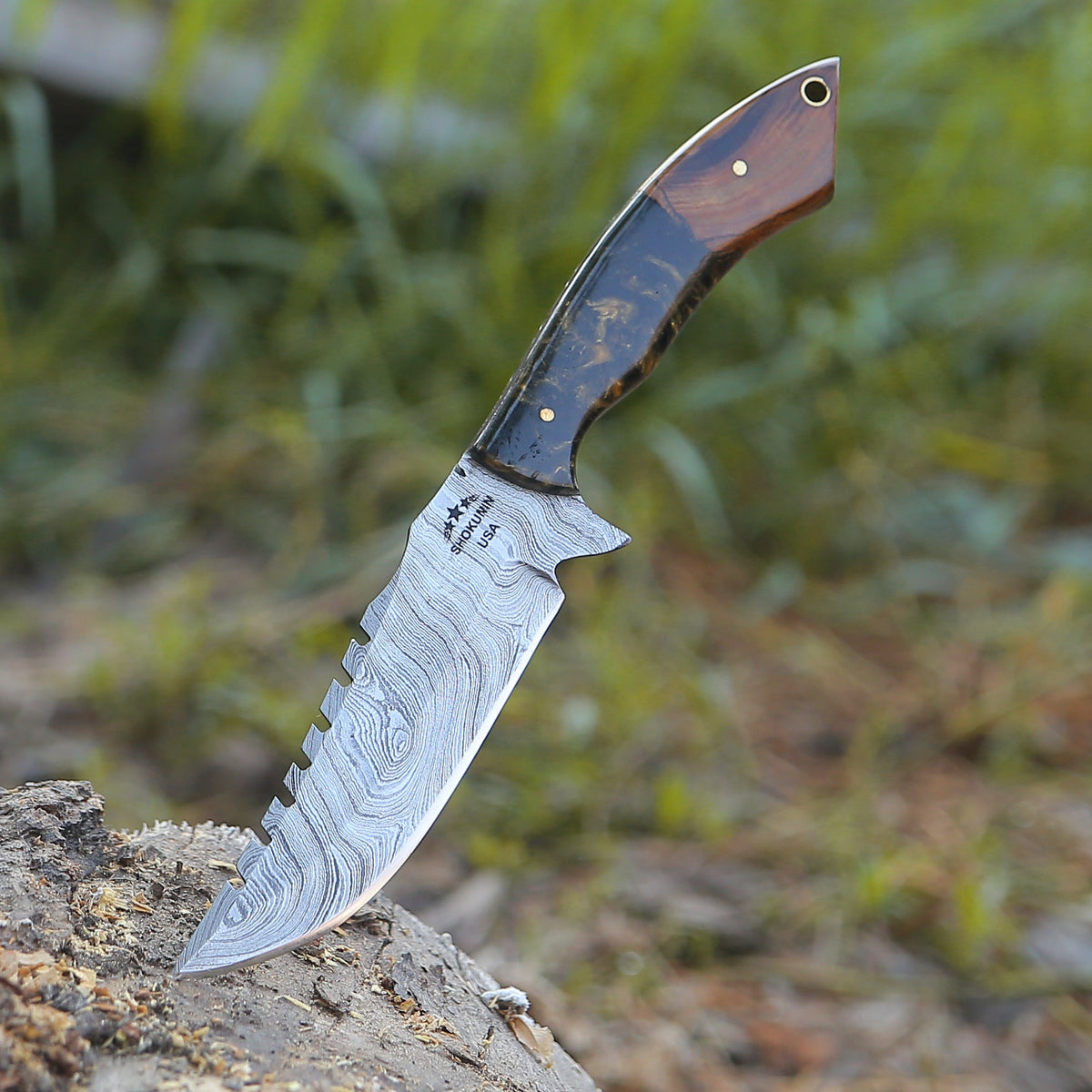 Morph Damascus Knife with Exotic Rose Wood & Resin Handle - Shokunin USA