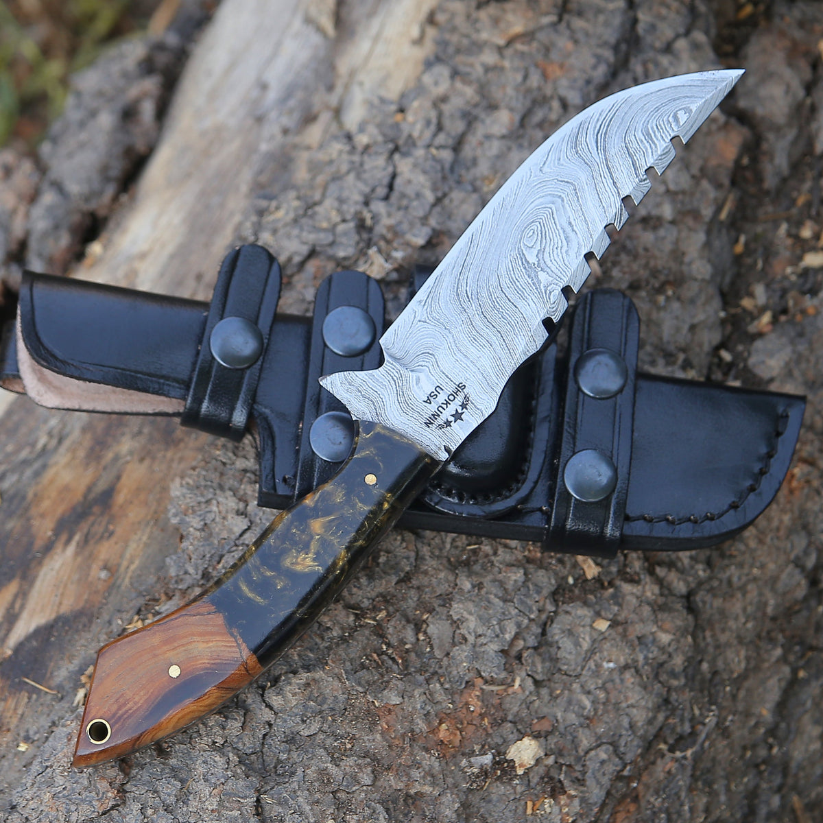 Morph Damascus Knife with Exotic Rose Wood & Resin Handle - Shokunin USA