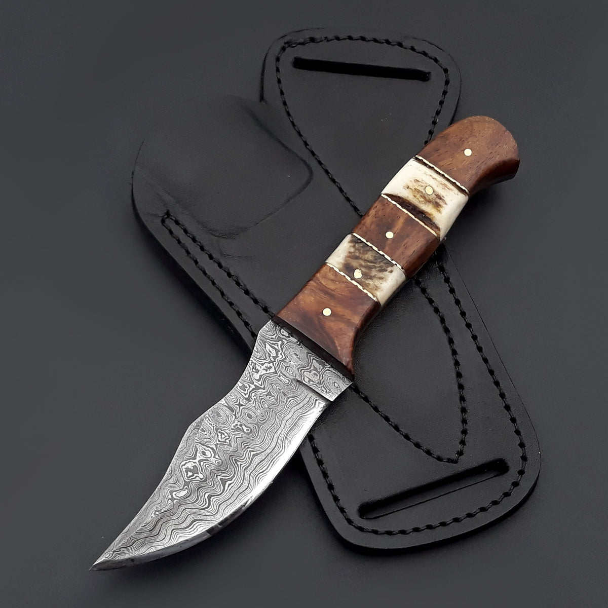 camping knife - Mangler Damascus Hunting Knife with Rose Wood & Stag Horn Handle - Shokunin USA