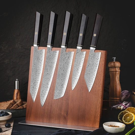 leather knife sheath - Granduer Japanese VG10 Damascus 5-Pc Chef Knife Set with Exotic Ebony Wood Handle & Sheath - Shokunin USA
