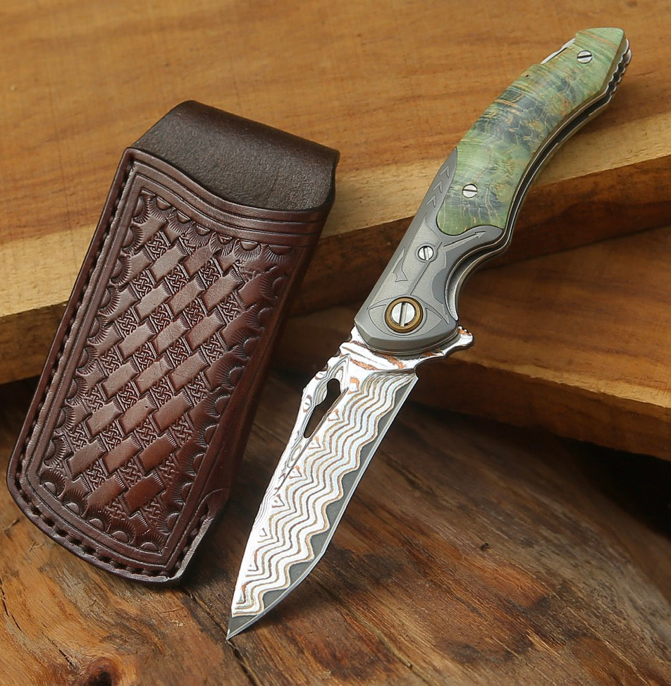 leather knife sheath - Kage Gentleman's Japanese Copper Damascus Pocket Knife with Maple Burl Wood Handle and Sheath - Shokunin USA