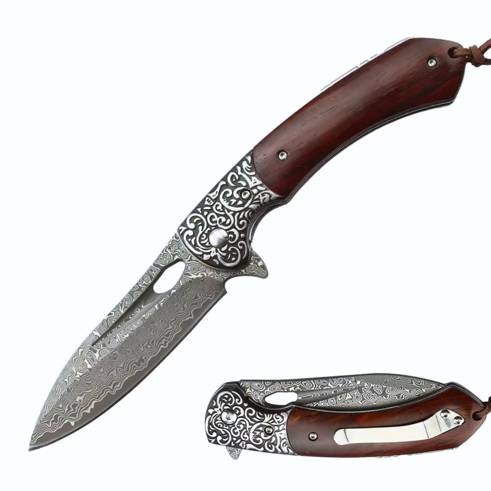 pocket knife - Karma Japanese VG10 Damascus EDC Pocket Knife with Clip & Sandalwood Handle - Shokunin USA