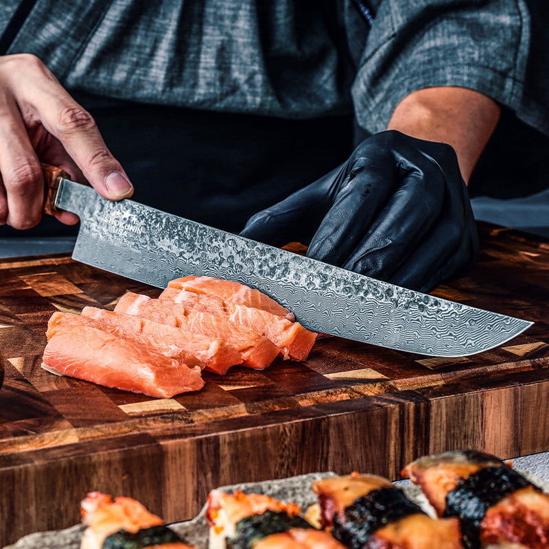 kitchen knife - Prime Custom Japanese Slicer Knife with Exotic Olive Wood Burl Handle - Shokunin USA
