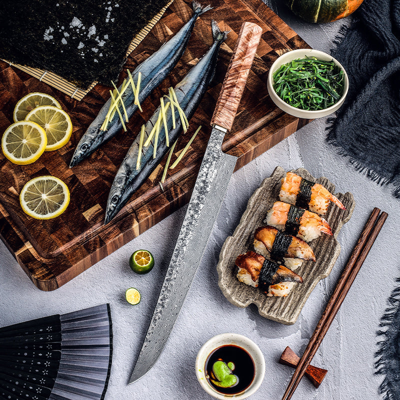 professional chef knife - Prime Custom Japanese Slicer Knife with Exotic Olive Wood Burl Handle - Shokunin USA
