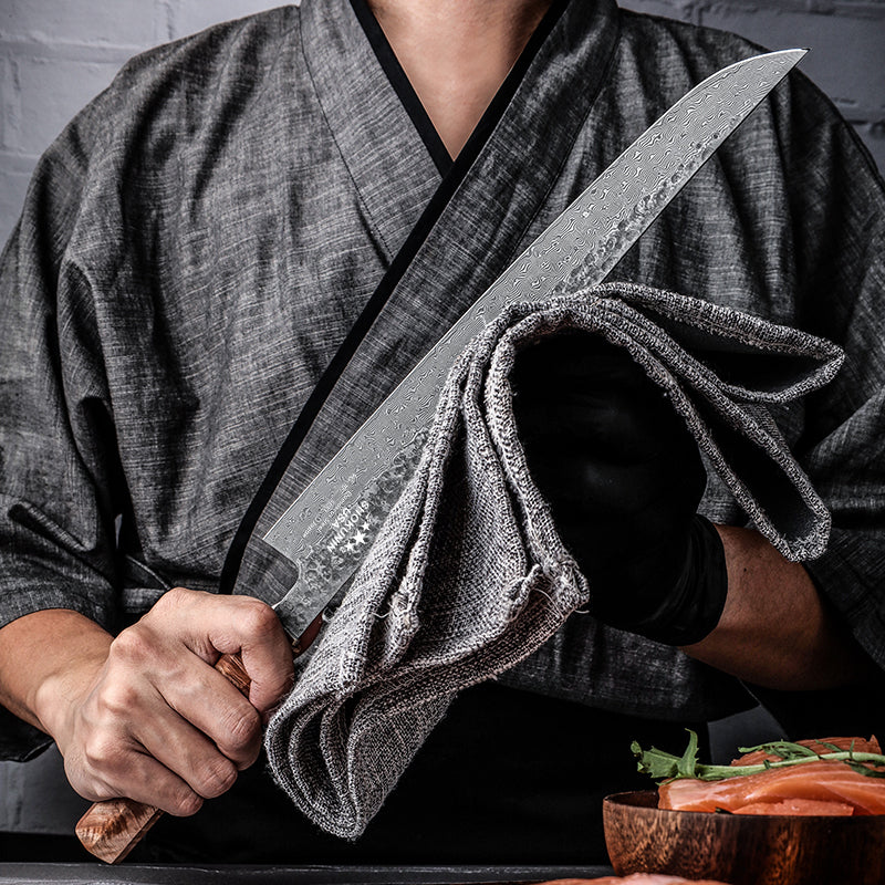 cooking knife - Prime Custom Japanese Slicer Knife with Exotic Olive Wood Burl Handle - Shokunin USA