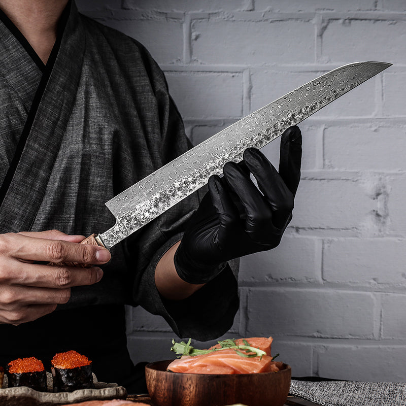 chef kitchen knife - Prime Custom Japanese Slicer Knife with Exotic Olive Wood Burl Handle - Shokunin USA