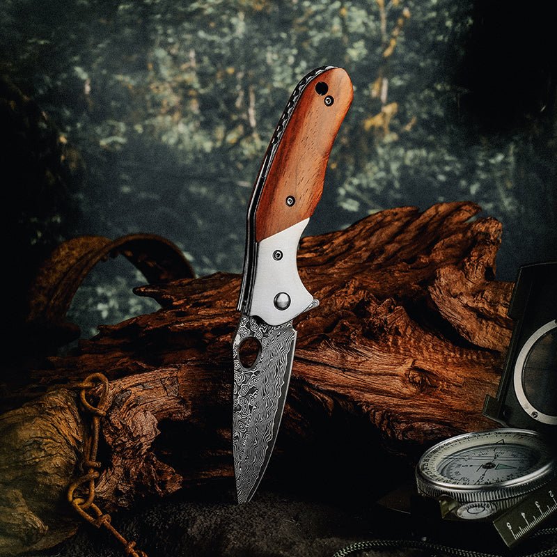 folding knife - Polar Japanese VG10 Damascus Pocket Knife with Exotic Sandal Wood Handle - Shokunin USA