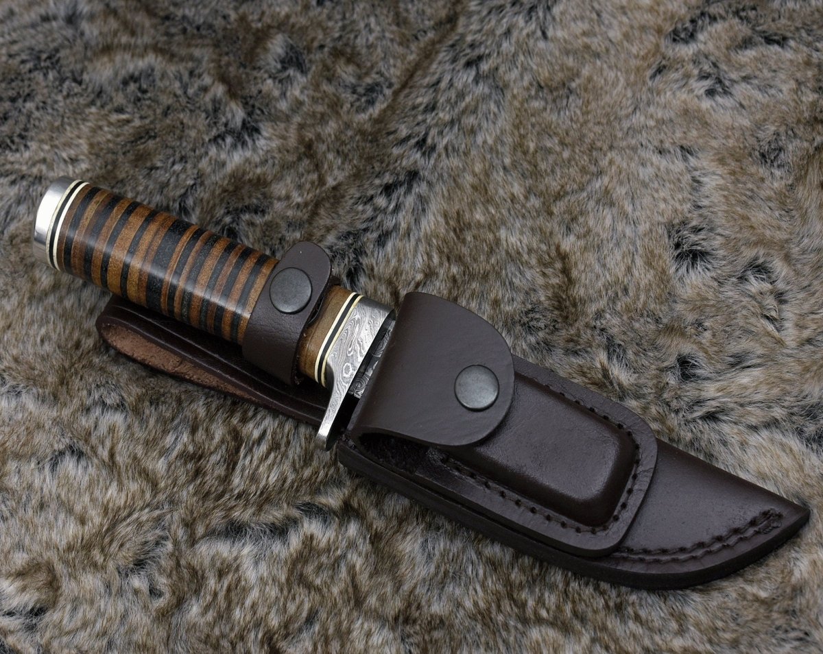 survival knife - Serenity Damascus Hunting Knife with Stacked Leather Handle - Shokunin USA