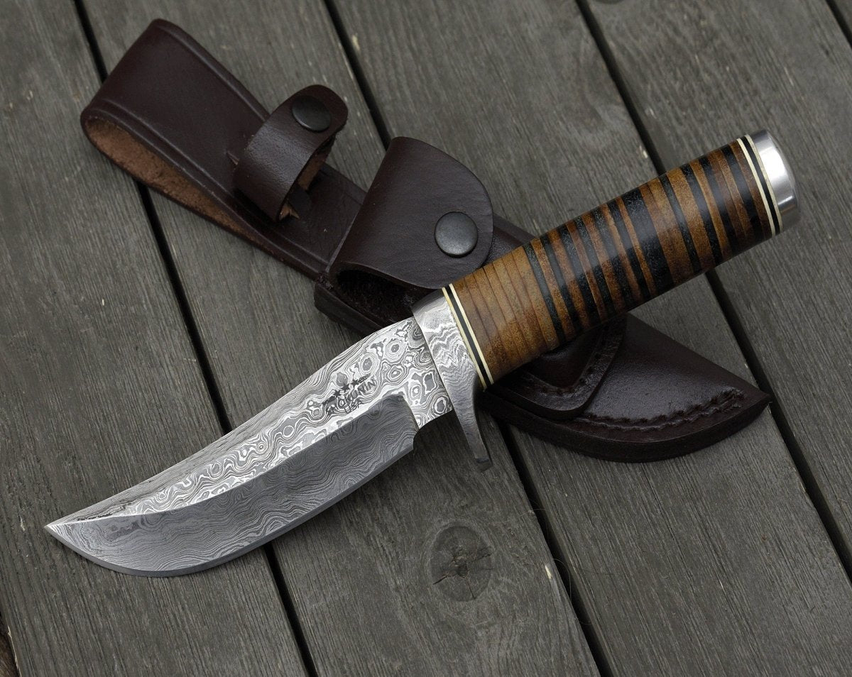 outdoor knife - Serenity Damascus Hunting Knife with Stacked Leather Handle - Shokunin USA