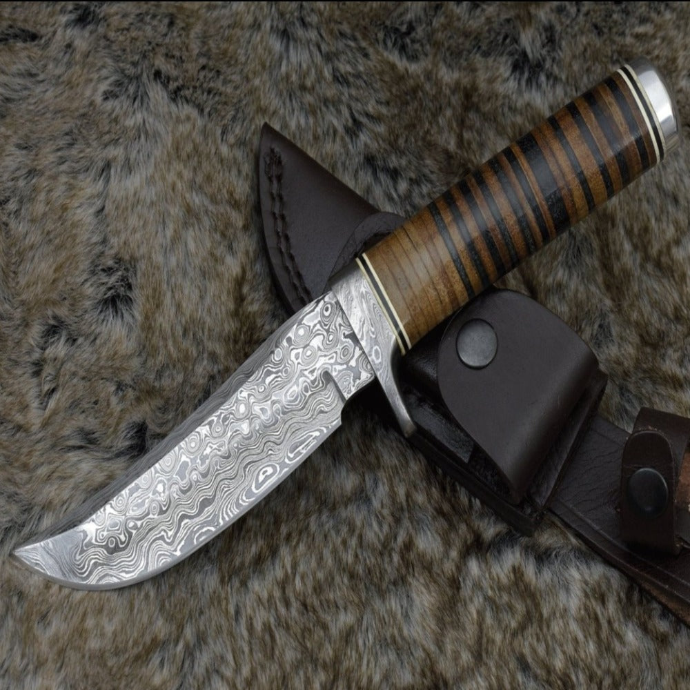 camping knife - Serenity Damascus Hunting Knife with Stacked Leather Handle - Shokunin USA