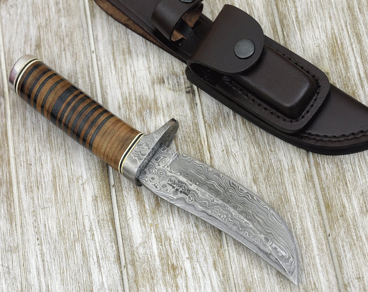 fixed blade camping knife - Serenity Damascus Hunting Knife with Stacked Leather Handle - Shokunin USA