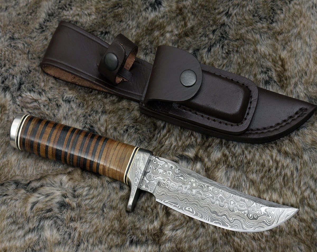 camp knife - Serenity Damascus Hunting Knife with Stacked Leather Handle - Shokunin USA