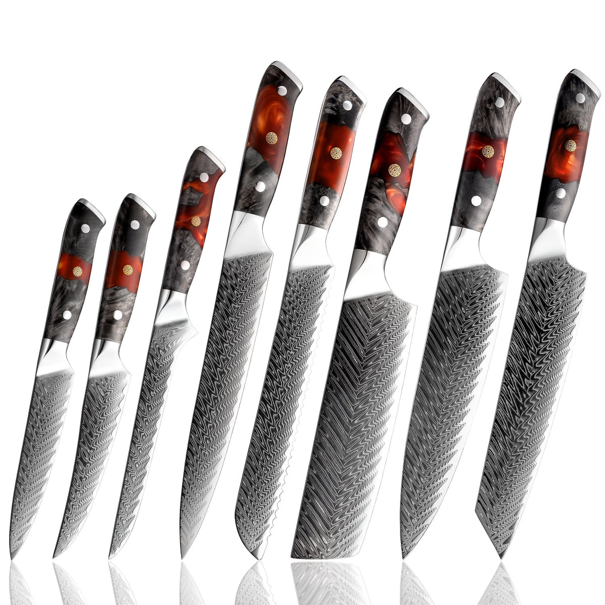 chef knife - Japanese Damascus Red Resin and Solidfied wood Set of 8 Knives - Shokunin USA